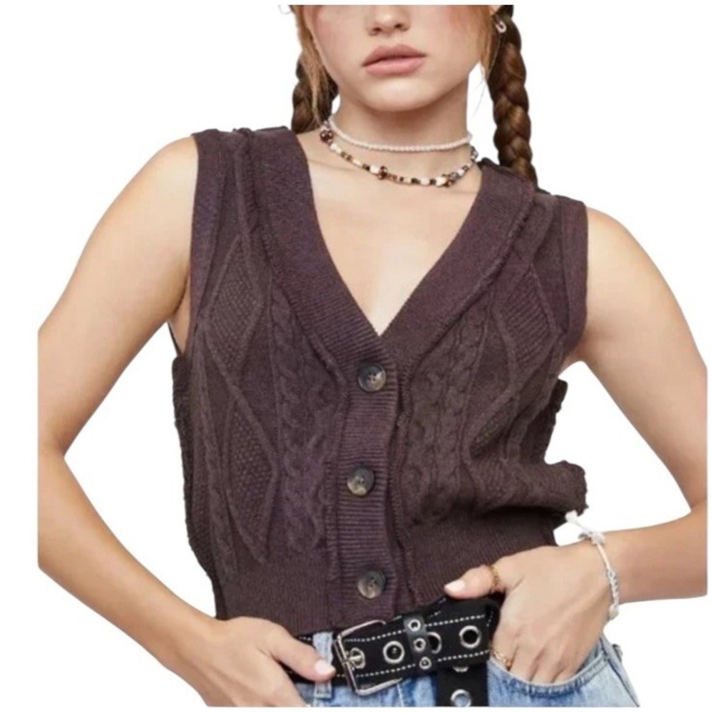 🤑Free People 🤎Brown Cable Knit V-Neck Button Up Sweater‎ Vest Top Small - Picture 2 of 5